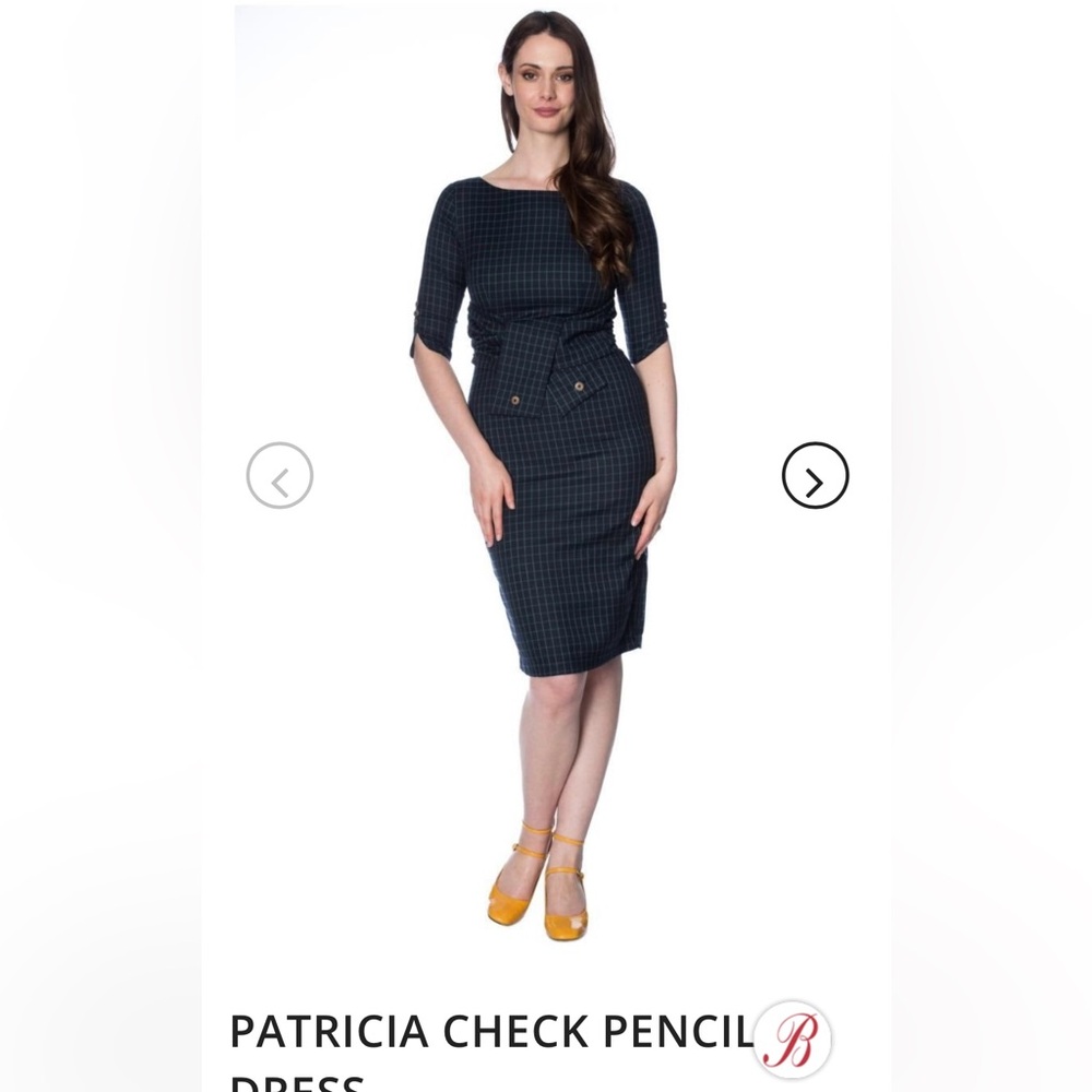 L NWT Banned Retro green navy plaid check pencil wiggle Patricia Dress